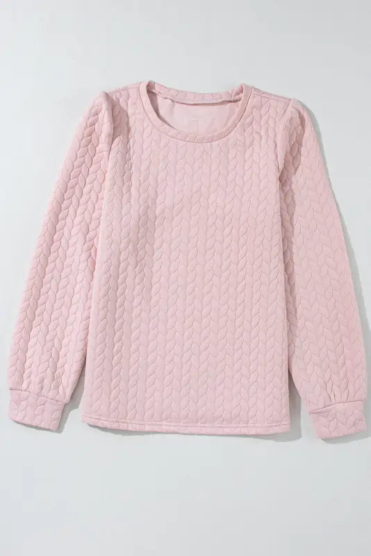 Rose red cable textured puff sleeve sweatshirt - tops