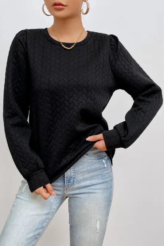 Rose red cable textured puff sleeve sweatshirt - tops