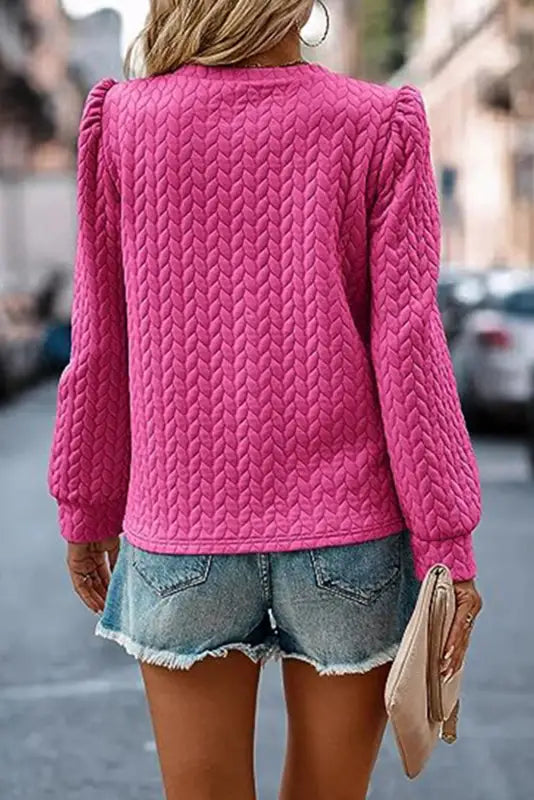 Rose red cable textured puff sleeve sweatshirt - tops