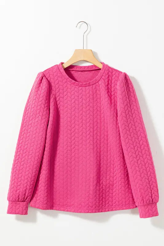 Rose red cable textured puff sleeve sweatshirt - tops