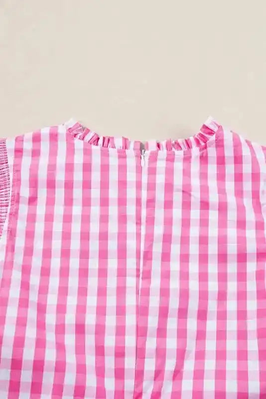 Close-up of Rose Red Checkered Ruffled Sleeve Blouse showing frilled neckline detail and rose red checkered cotton fabric — Fashionfitz