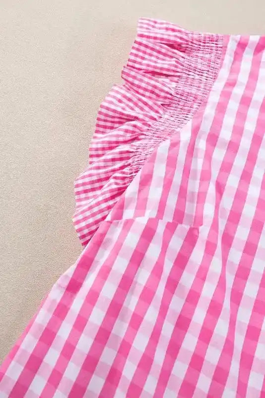Side view of Rose Red Checkered Frilled Neck Blouse showing ruffle sleeve movement and breathable cotton drape — Fashionfitz