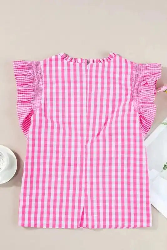 Rose Red Checkered Blouse - Ruffled Sleeve Frilled Neck - Fashionfitz