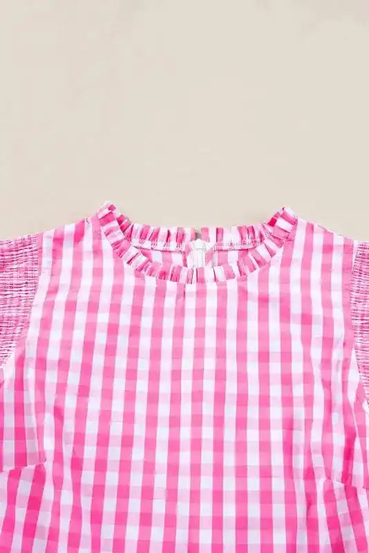 Back view of Rose Red Checkered Ruffled Sleeve Blouse showing frilled neckline and relaxed cotton silhouette — Fashionfitz