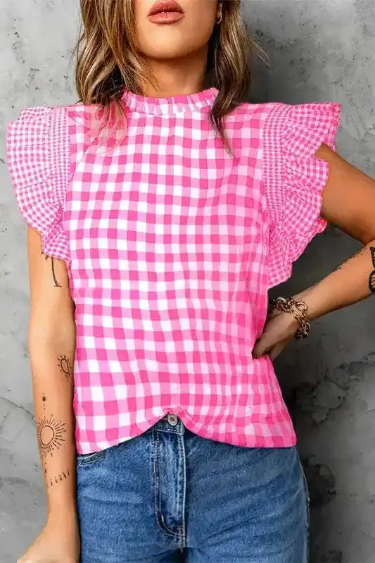Rose Red Checkered Blouse - Ruffled Sleeve Frilled Neck - Fashionfitz
