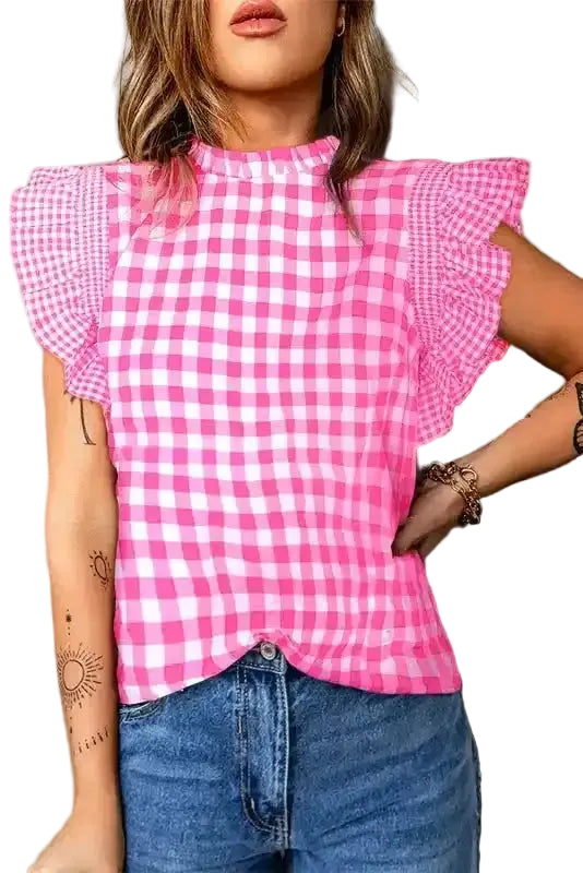 Rose Red Checkered Frilled Neck Ruffled Sleeve Blouse Women UK — front view showing rose red checkered pattern and ruffled sleeves — Fashionfitz