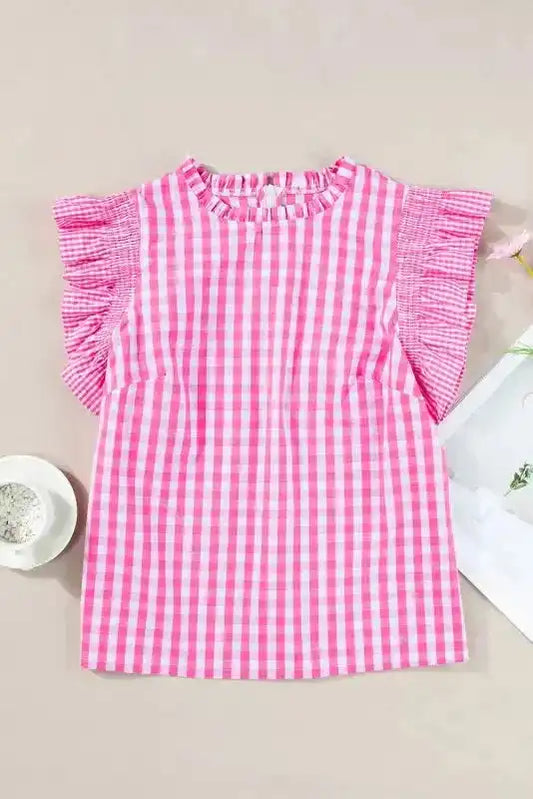 Rose Red Checkered Blouse - Ruffled Sleeve Frilled Neck - Fashionfitz