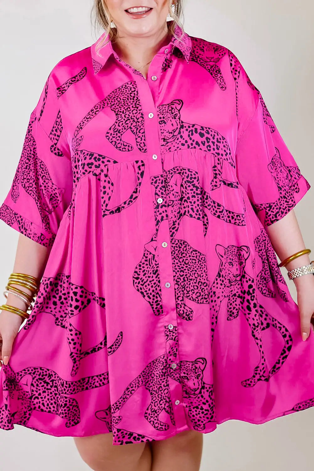 Rose red cheetah print bell sleeve mini shirt dress - 1x / 100% polyester - dresses