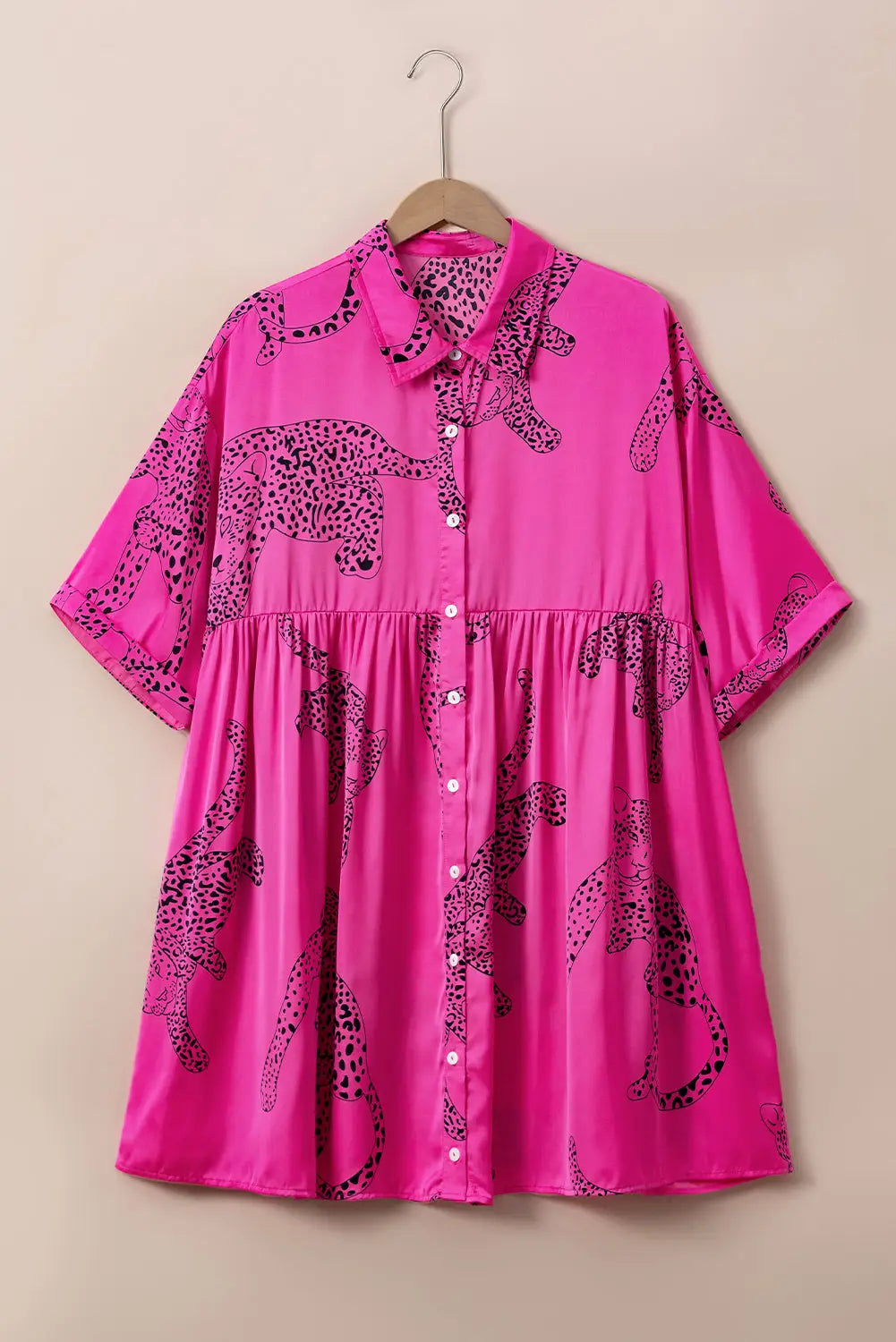 Rose red cheetah print bell sleeve mini shirt dress - dresses
