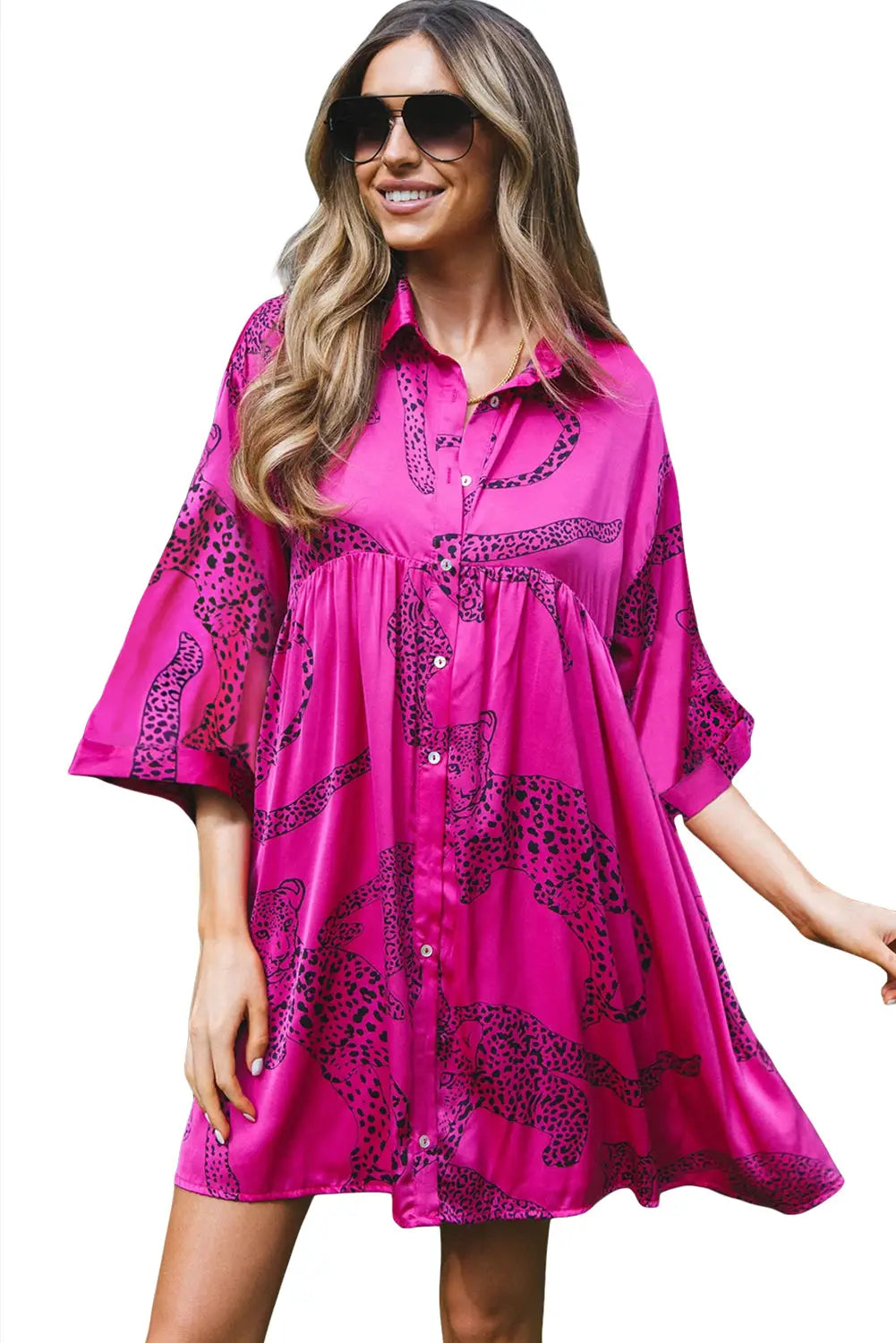 Rose red cheetah print bell sleeve mini shirt dress - dresses