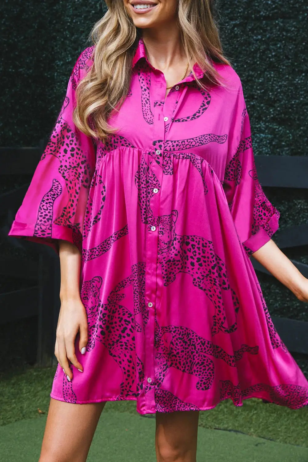 Rose red cheetah print bell sleeve mini shirt dress - s / 100% polyester - dresses
