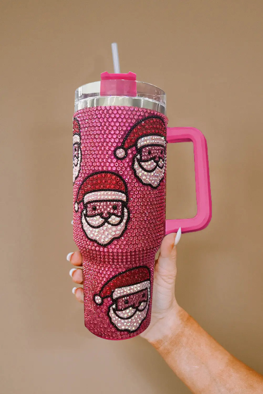 Rose red christmas santa claus diamond thermos cup with straw - one size / 100% alloy - tumblers