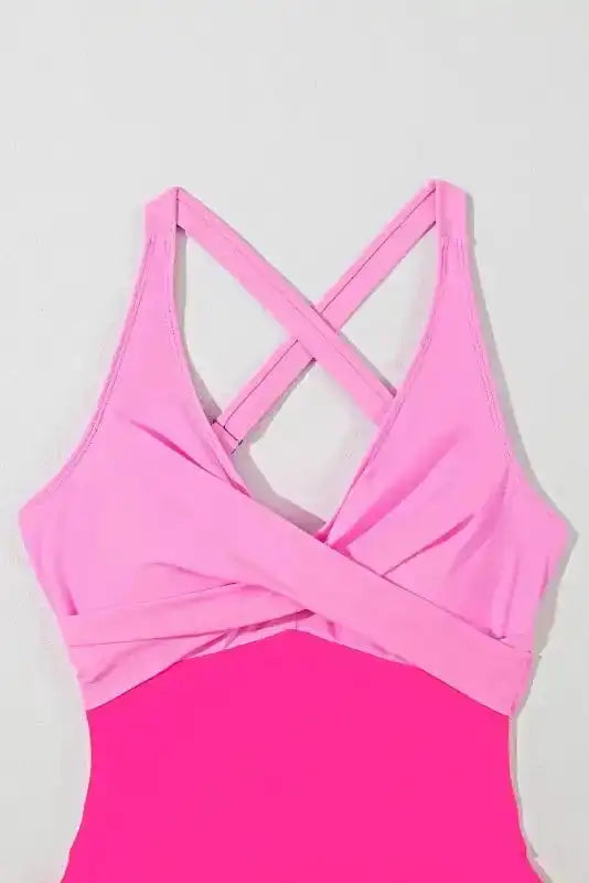 Rose Red Crisscross Straps Tie Back Flared One Piece Swimsuit - Fashionfitz