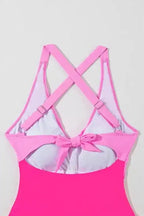 Rose Red Crisscross Straps Tie Back Flared One Piece Swimsuit - Fashionfitz