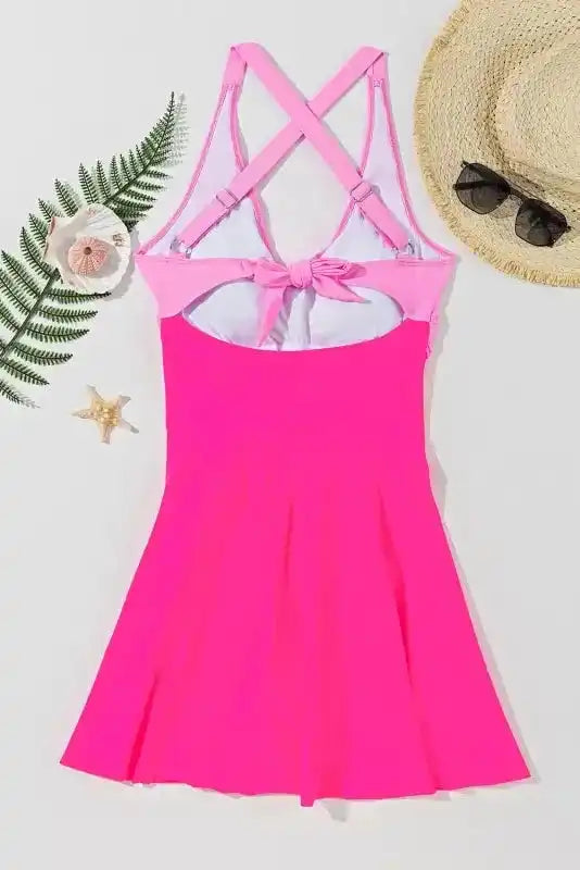 Rose Red Crisscross Straps Tie Back Flared One Piece Swimsuit - Fashionfitz