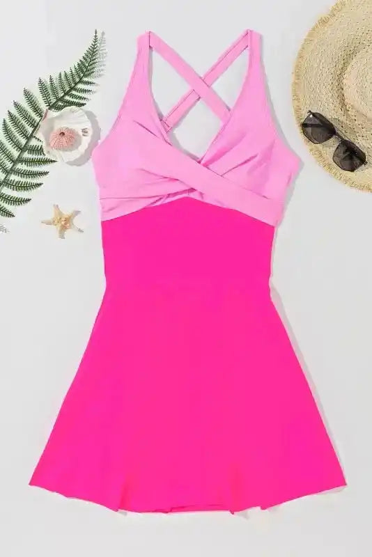 Rose Red Crisscross Straps Tie Back Flared One Piece Swimsuit - Fashionfitz