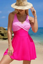 Rose Red Crisscross Straps Tie Back Flared One Piece Swimsuit - Fashionfitz