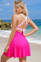 Rose Red Crisscross Straps Tie Back Flared One Piece Swimsuit - Fashionfitz