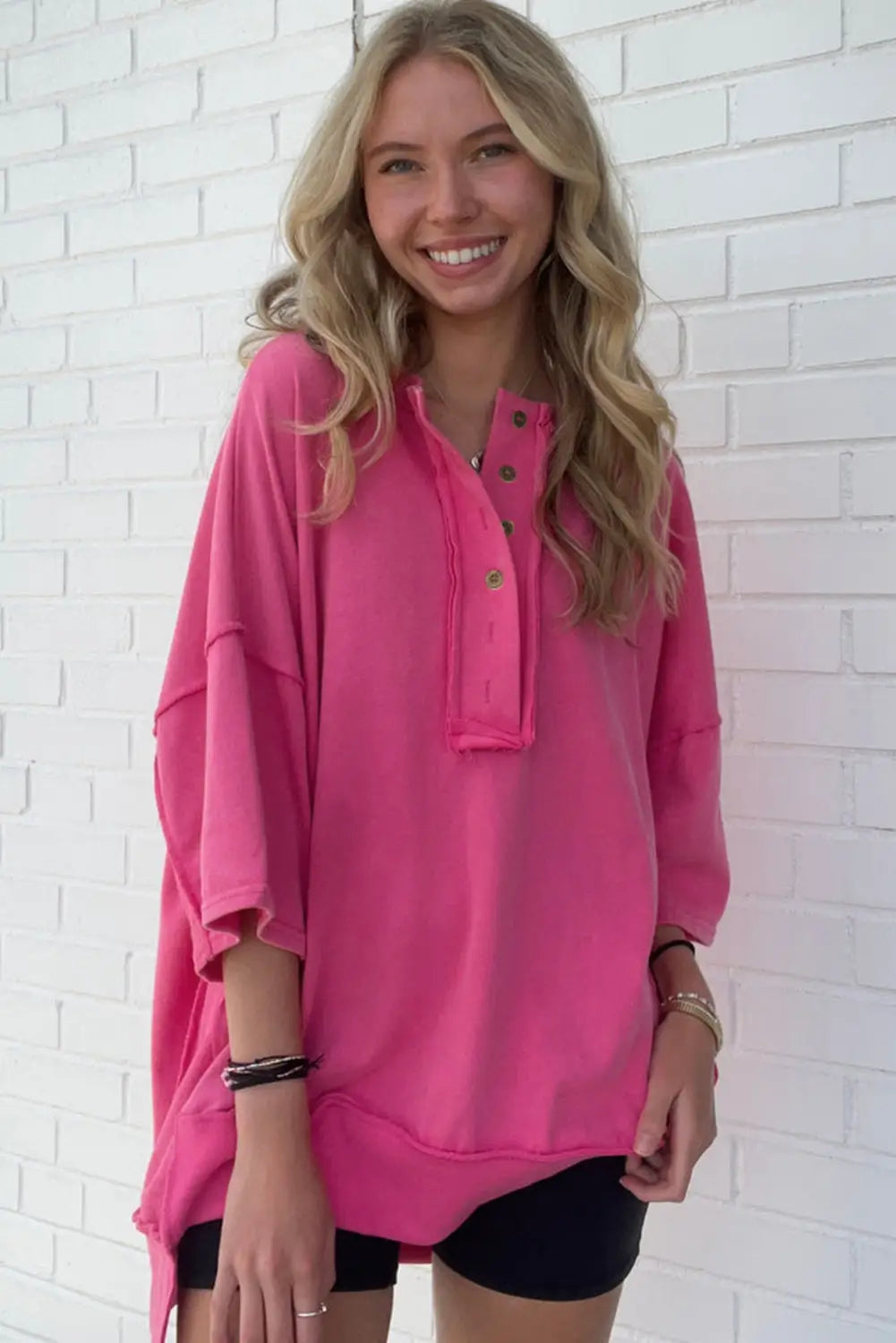 Rose red exposed seam button neck wide sleeve tunic top - t-shirts