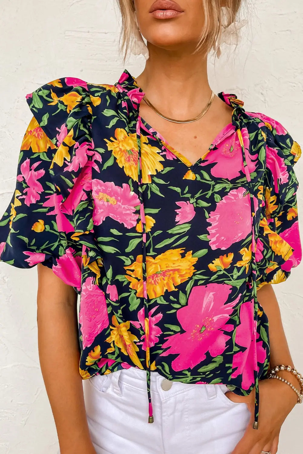 Rose red floral bubble sleeve notch v neck ruffled blouse - s / 100% polyester - tops