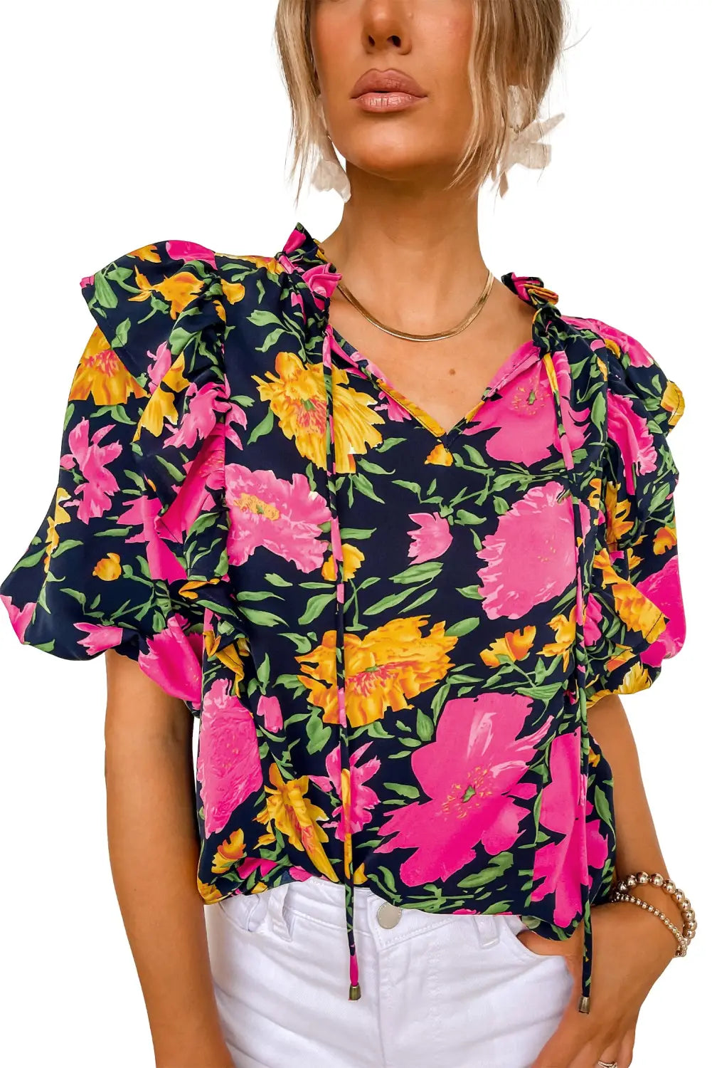 Rose red floral bubble sleeve notch v neck ruffled blouse - tops