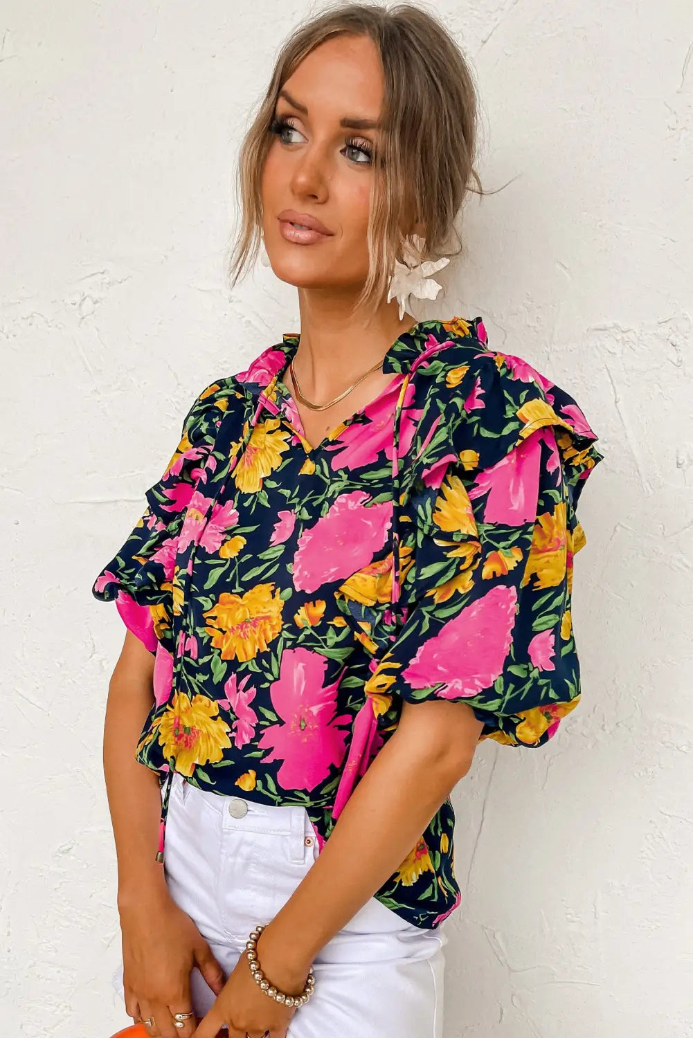 Rose red floral bubble sleeve notch v neck ruffled blouse - tops