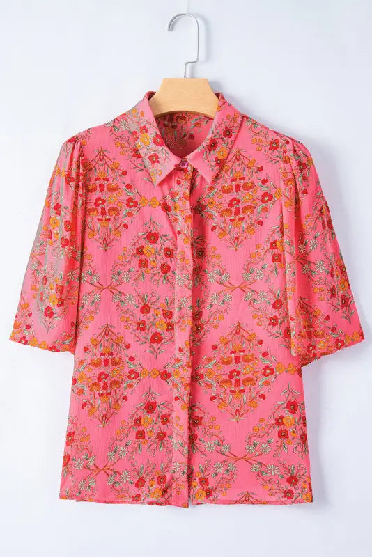 Rose red floral loose shirt - s / 100% polyester - tops/blouses & shirts