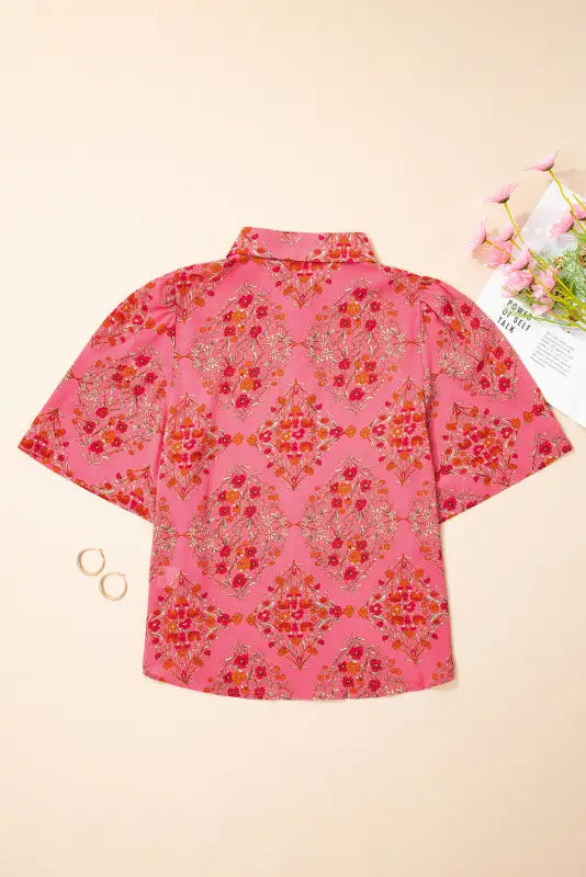 Rose red floral loose shirt - blouses & shirts