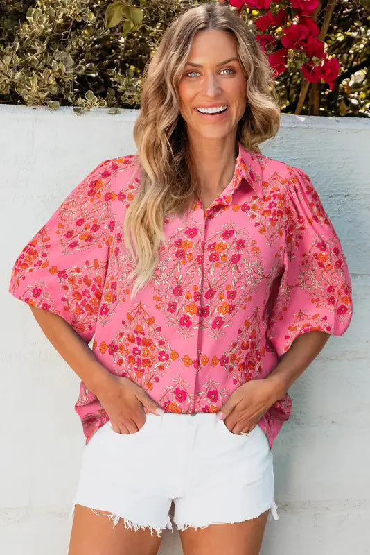 Rose red floral loose shirt - blouses & shirts