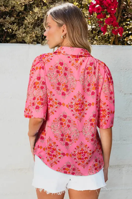 Rose red floral loose shirt - blouses & shirts