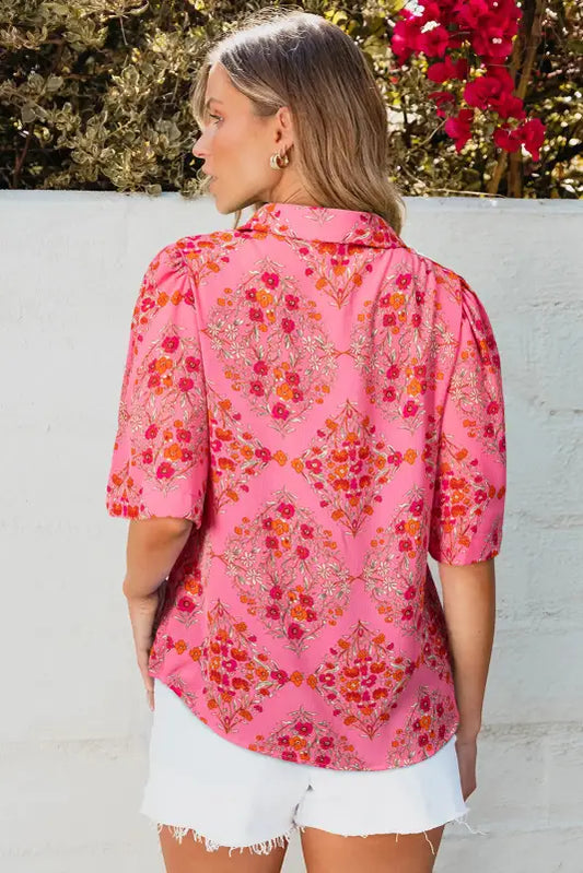 Rose red floral loose shirt - blouses & shirts