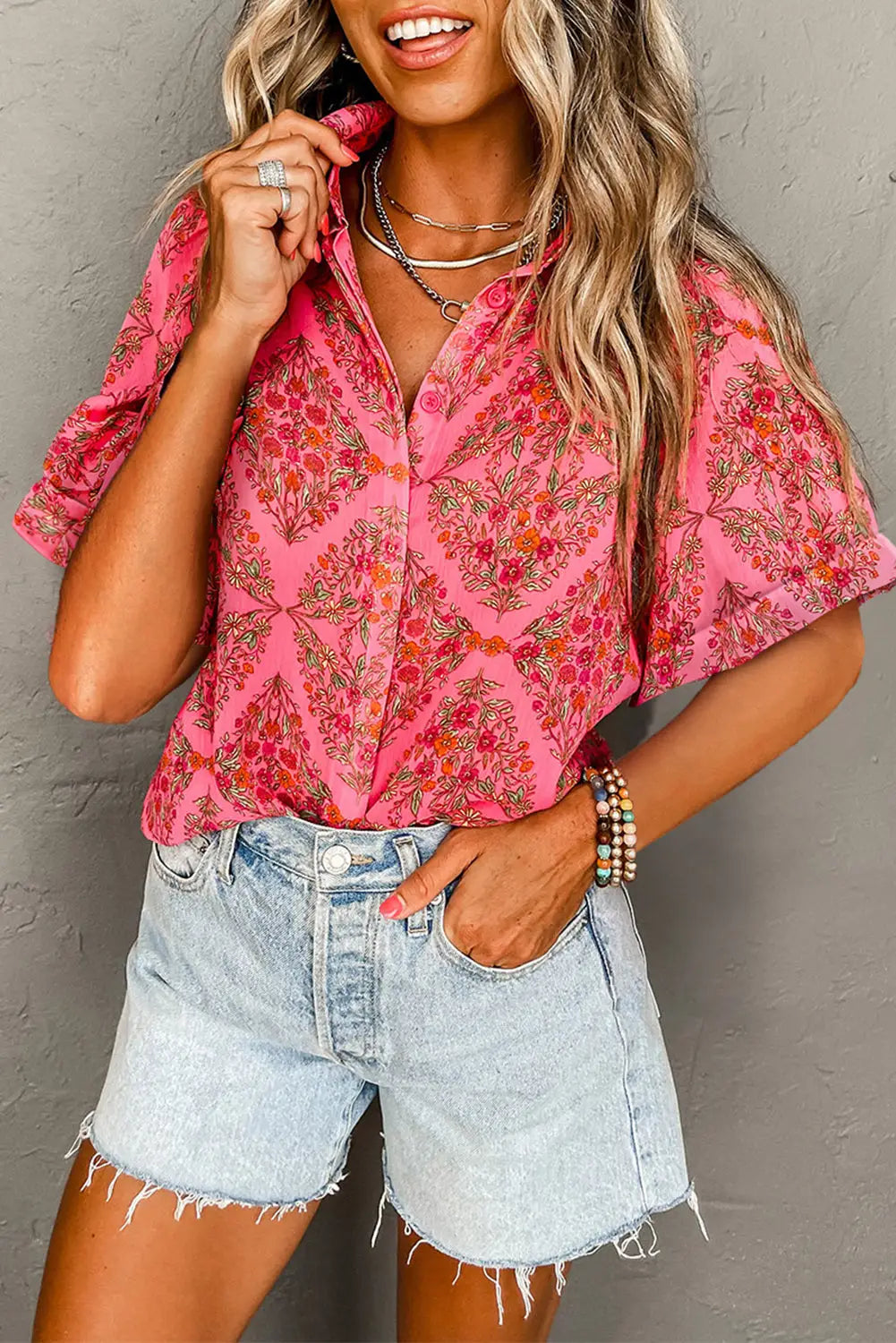 Rose red floral loose shirt - s / 100% polyester - tops/blouses & shirts