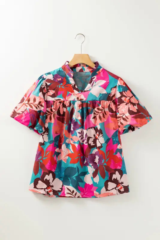 Rose red floral print puff sleeve notched v neck blouse - blouses