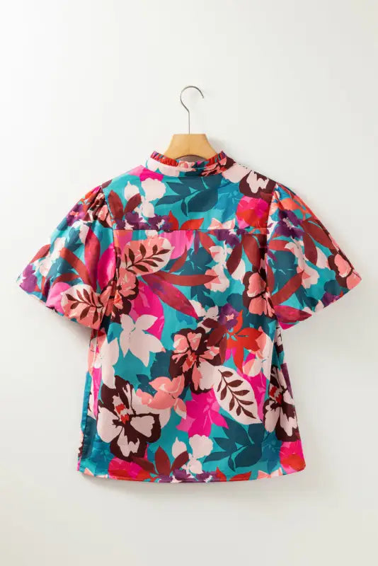 Rose red floral print puff sleeve notched v neck blouse - blouses