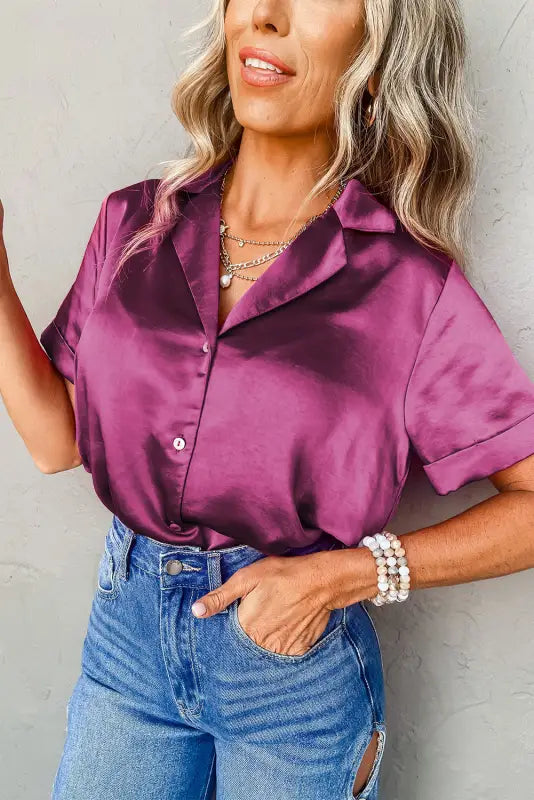 Rose red fold cuffs short sleeve satin shirt - blouses & shirts