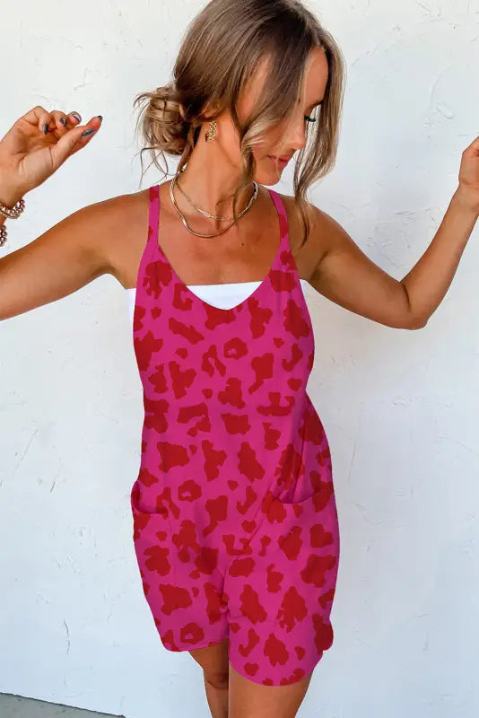 Rose red leopard sleeveless romper - bottoms/jumpsuits & rompers