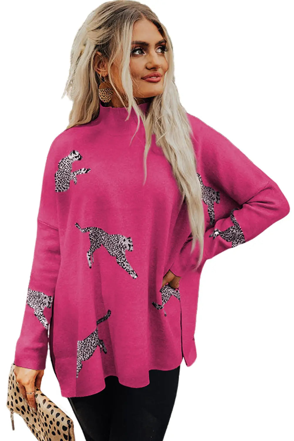 Rose red lively cheetah print high neck split hem sweater - sweaters & cardigans