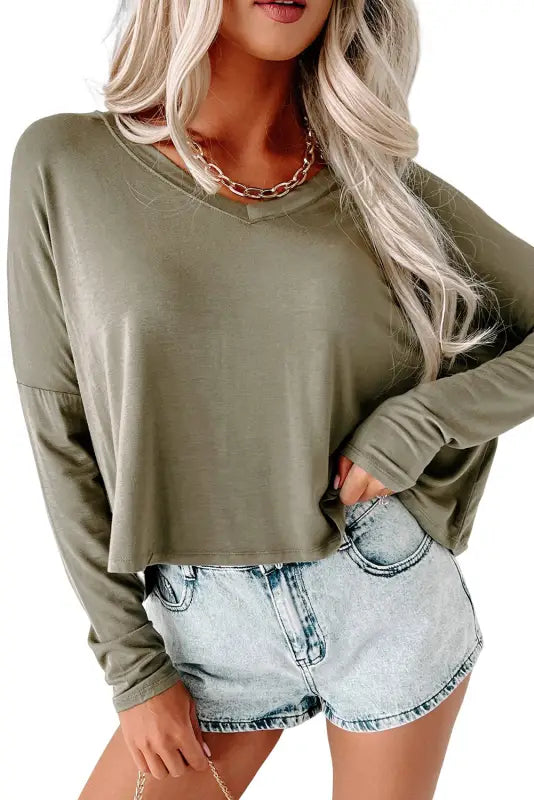 Rose red loose v neck dropped long sleeve top - tops