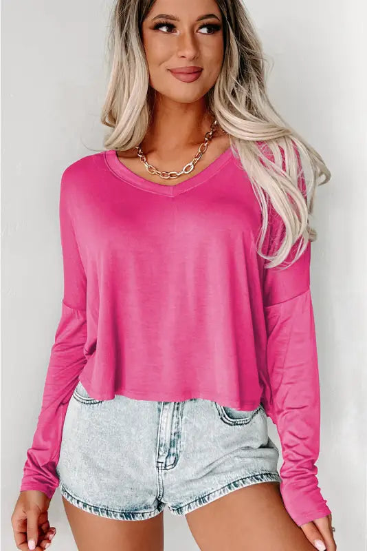 Rose red loose v neck dropped long sleeve top - tops