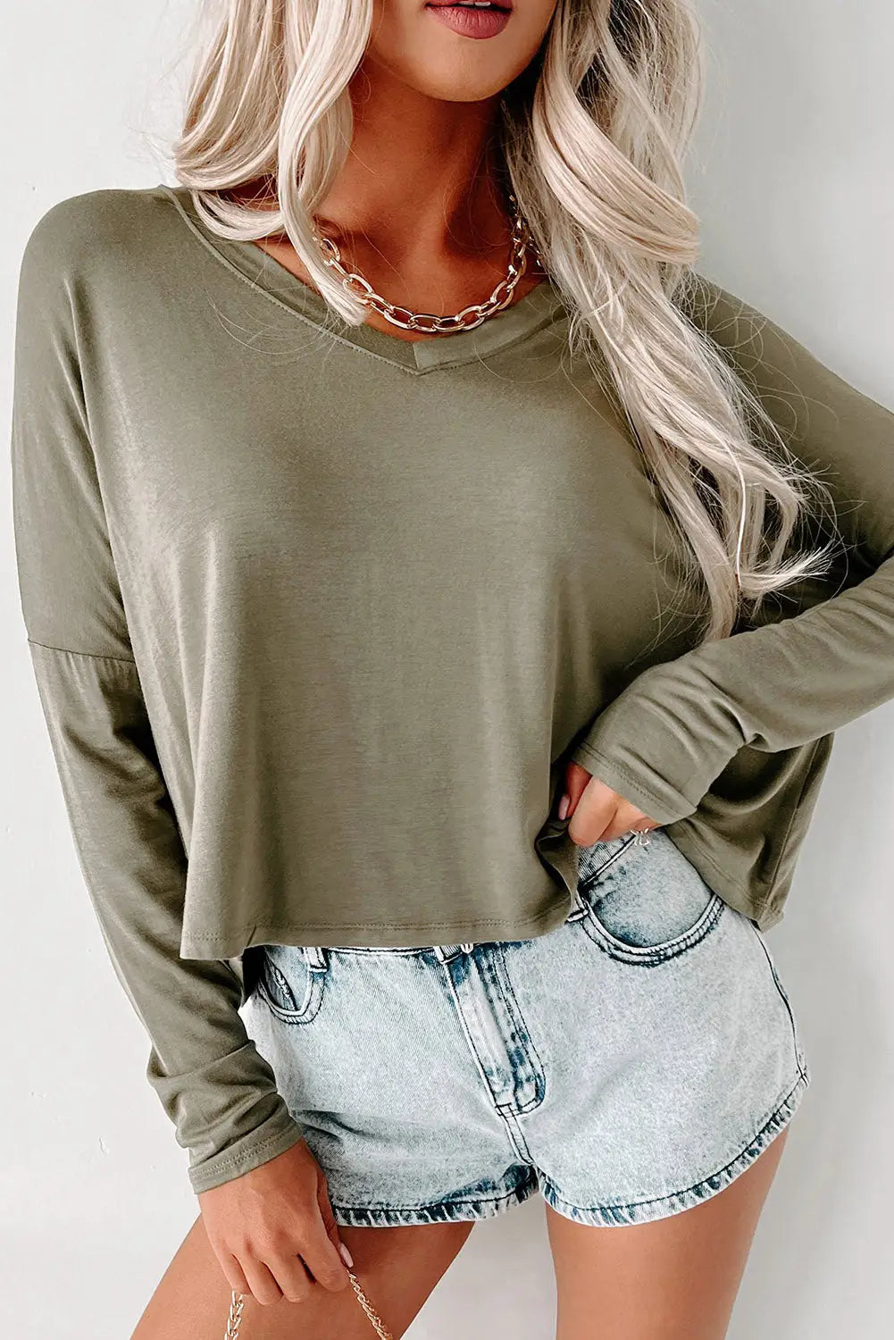 Rose red loose v neck dropped long sleeve top - green / s /