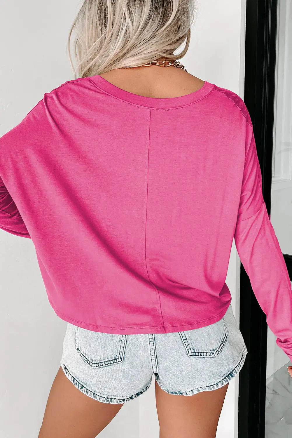 Rose red loose v neck dropped long sleeve top - tops
