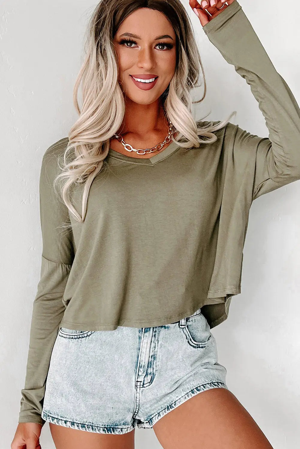 Rose red loose v neck dropped long sleeve top - tops