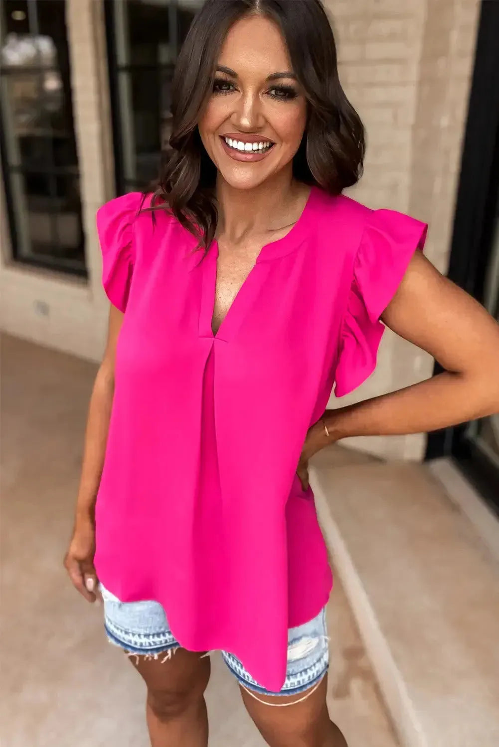 Rose Red Notched Neck Ruffle Sleeve Blouse - Fashionfitz