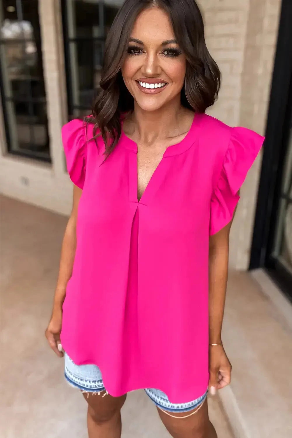 Rose Red Notched Neck Ruffle Sleeve Blouse - Fashionfitz