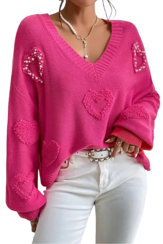 Rose red pearl embellished fuzzy hearts v neck sweater - sweaters & cardigans