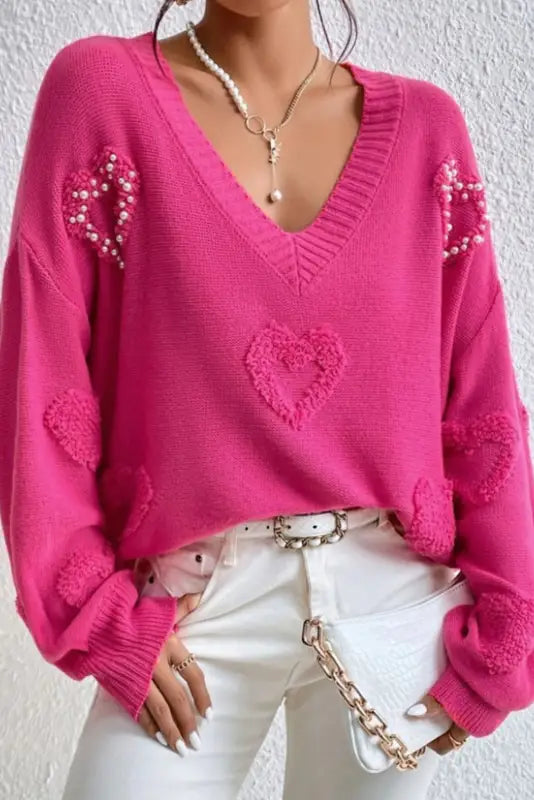 Rose red pearl embellished fuzzy hearts v neck sweater - sweaters & cardigans