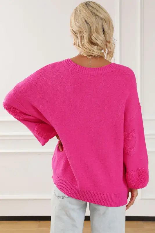 Rose red pearl embellished fuzzy hearts v neck sweater - sweaters & cardigans