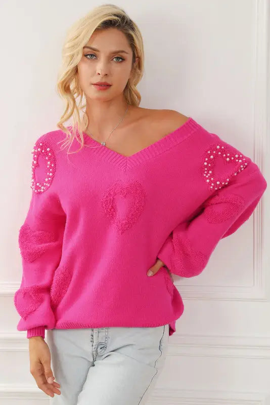 Rose red pearl embellished fuzzy hearts v neck sweater - sweaters & cardigans