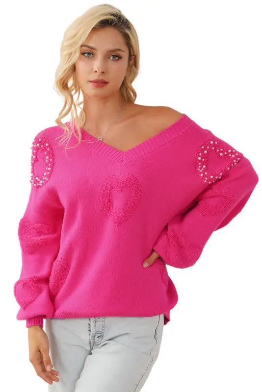 Rose red pearl embellished fuzzy hearts v neck sweater - sweaters & cardigans