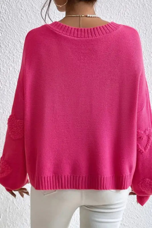 Rose red pearl embellished fuzzy hearts v neck sweater - sweaters & cardigans